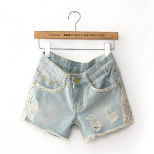 Light Ripped Denim Shorts With Lace Detail