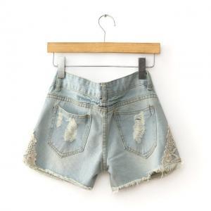 Light Ripped Denim Shorts With Lace Detail