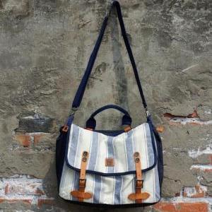 Navy Style Stripe Print Vintage Handbag Leather..