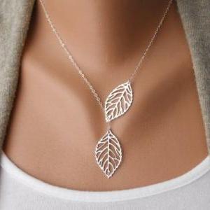 Necklace-antique Silver Two Leafs Necklace Alloy..