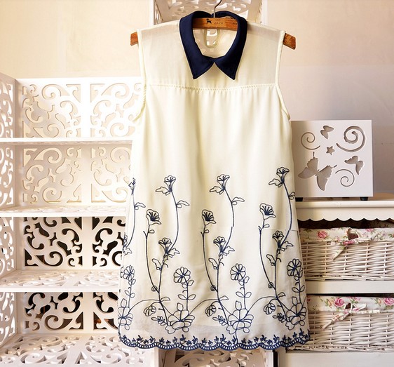 2013 Vintage Chiffon Embroidery Sleeveless Vest Tank Tops Dress