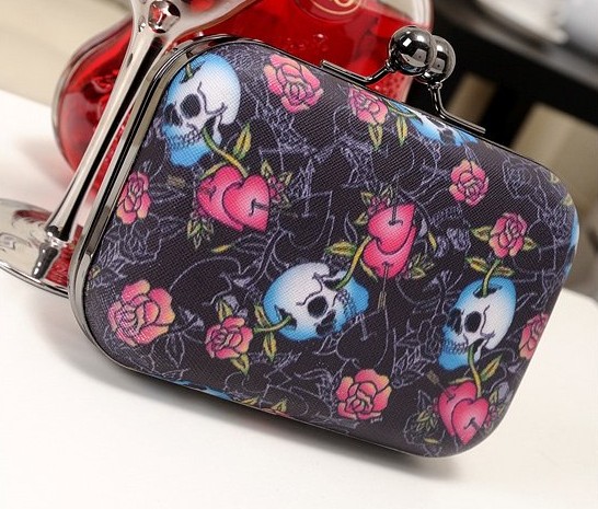 Mini Skull Flower Print Pu Clutch Handbag