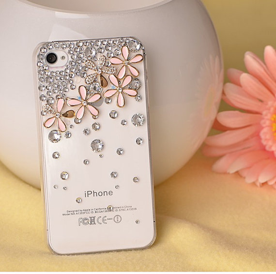 Pink Floral Bling Crystal Iphone 4 Case Iphone 4s Case