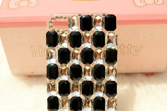 Black And White Crystal Studded Iphone 4 Case, Studded Iphone 5 Case, Bling Iphone Case