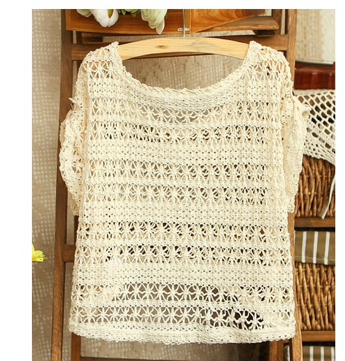 Kawaii Cute Short Sleeved Hollow Out Crochet T-shirt Tops on Luulla